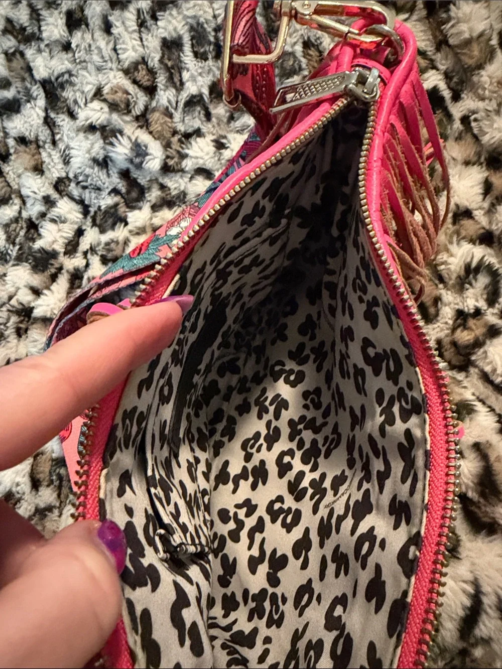 Rebecca Minkoff Hot Pink and Brown Fringe Crossbody with Printed Strap